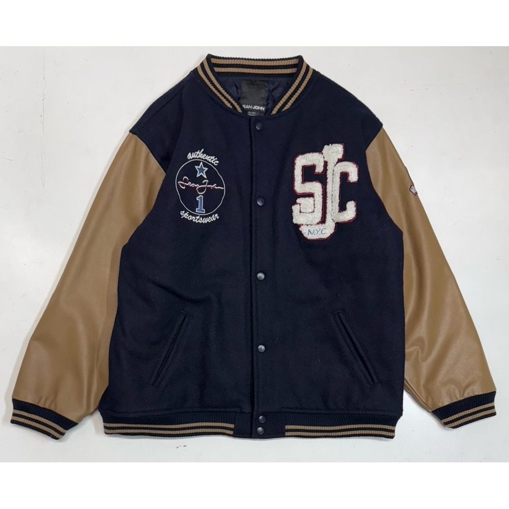 Sean‎ John Wool Leather Varsity Jacket Boys Size XL (20) Black Brown Embroidered